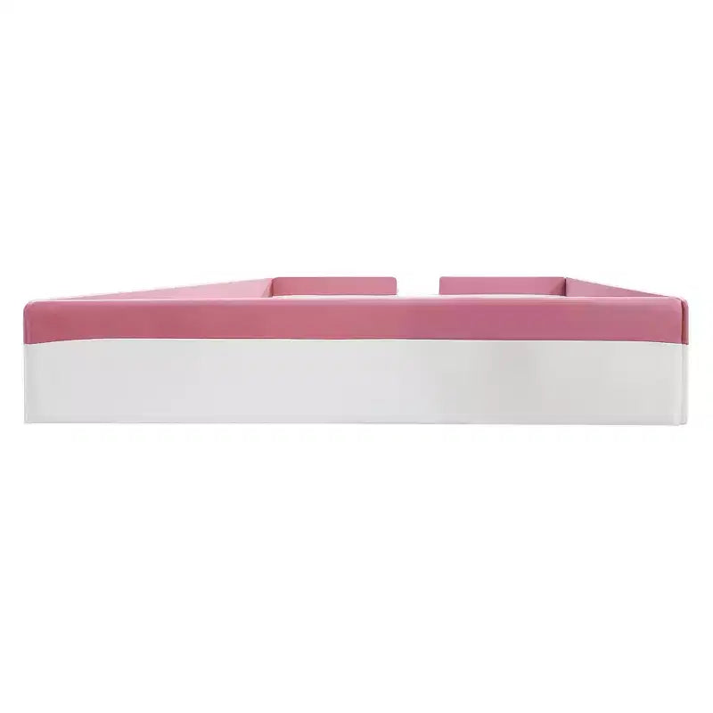 Letto a Pavimento Imbottito Rosa+Bianco con Recinzione e Scale, King, Per Bambini