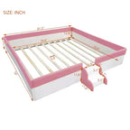 Letto a Pavimento Imbottito Rosa+Bianco con Recinzione e Scale, King, Per Bambini
