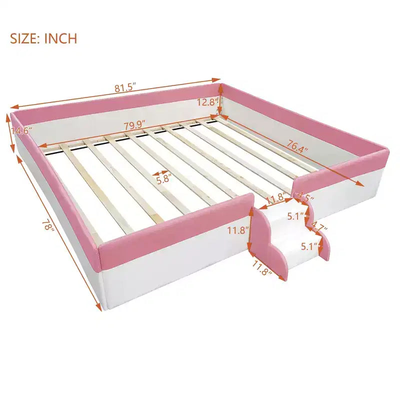 Letto a Pavimento Imbottito Rosa+Bianco con Recinzione e Scale, King, Per Bambini
