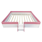 Letto a Pavimento Imbottito Rosa+Bianco con Recinzione e Scale, King, Per Bambini