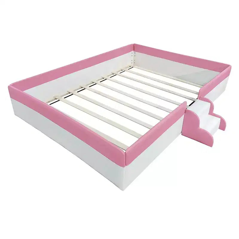 Letto a Pavimento Imbottito Rosa+Bianco con Recinzione e Scale, King, Per Bambini