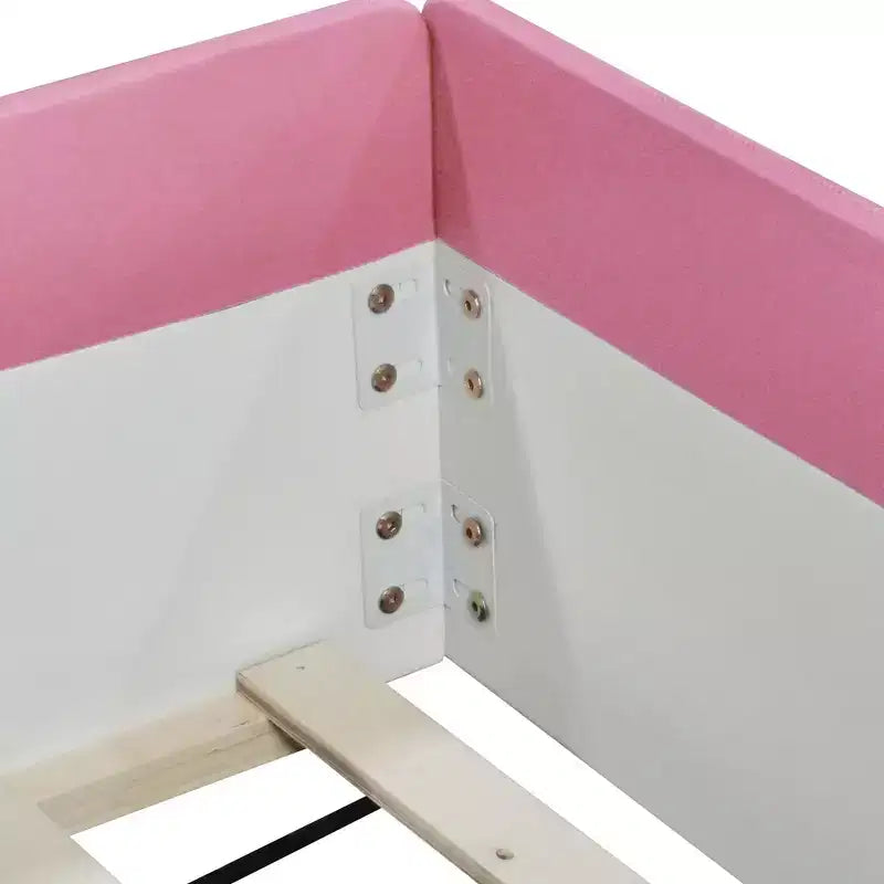 Letto a Pavimento Imbottito Rosa+Bianco con Recinzione e Scale, King, Per Bambini