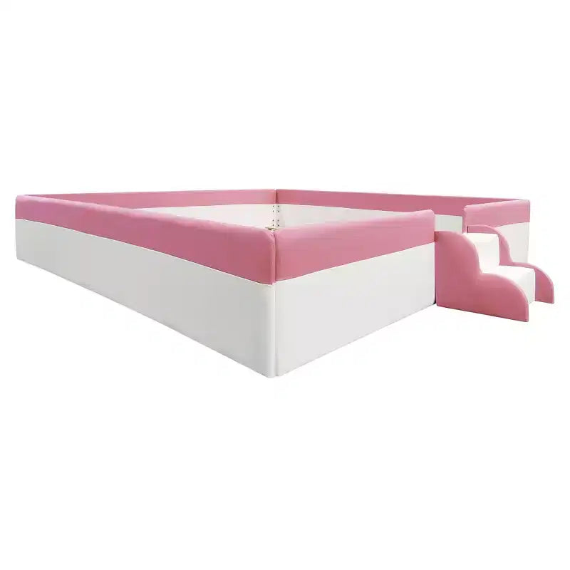 Letto a Pavimento Imbottito Rosa+Bianco con Recinzione e Scale, King, Per Bambini