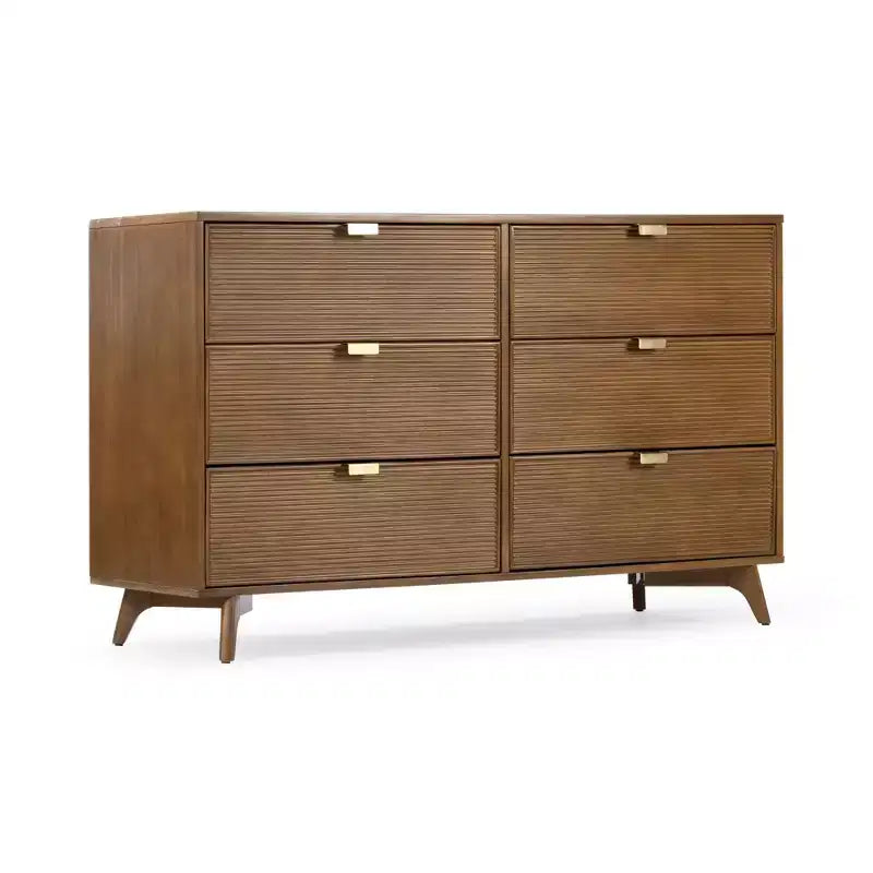 Comò in pino naturale a 6 cassetti, stile Mid-Century, con maniglie in ottone
