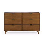 Comò in pino naturale a 6 cassetti, stile Mid-Century, con maniglie in ottone