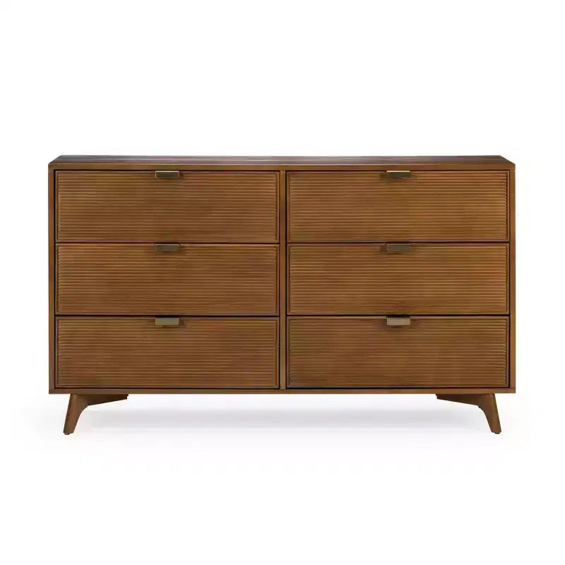 Comò in pino naturale a 6 cassetti, stile Mid-Century, con maniglie in ottone