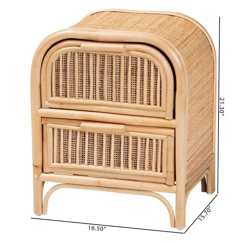 Comodino a 2 cassetti in Rattan Naturale, Marrone, Bohémien, Uso Singolo