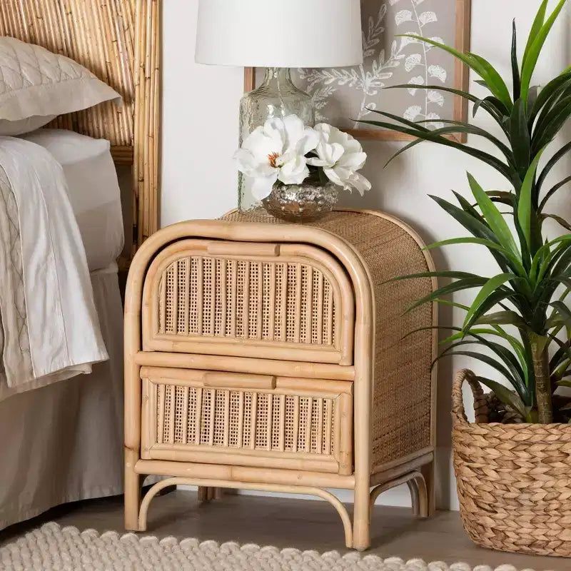 Comodino a 2 cassetti in Rattan Naturale, Marrone, Bohémien, Uso Singolo