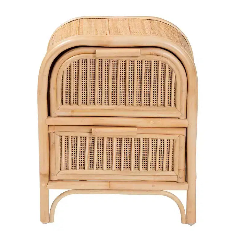 Comodino a 2 cassetti in Rattan Naturale, Marrone, Bohémien, Uso Singolo