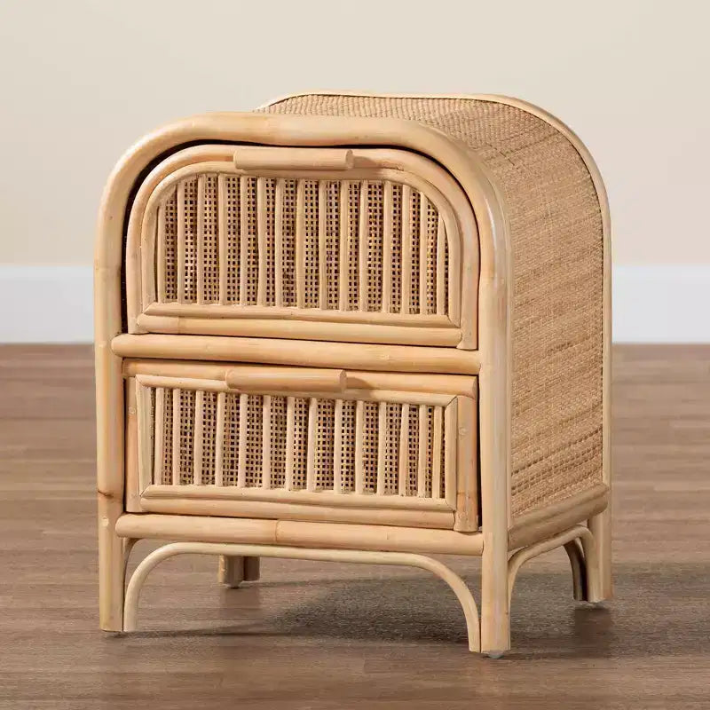 Comodino a 2 cassetti in Rattan Naturale, Marrone, Bohémien, Uso Singolo