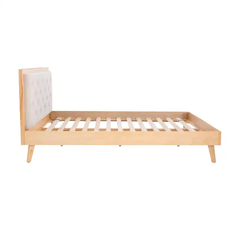 Struttura letto matrimoniale "Queen" imbottita, in legno e tessuto color farina d'avena naturale