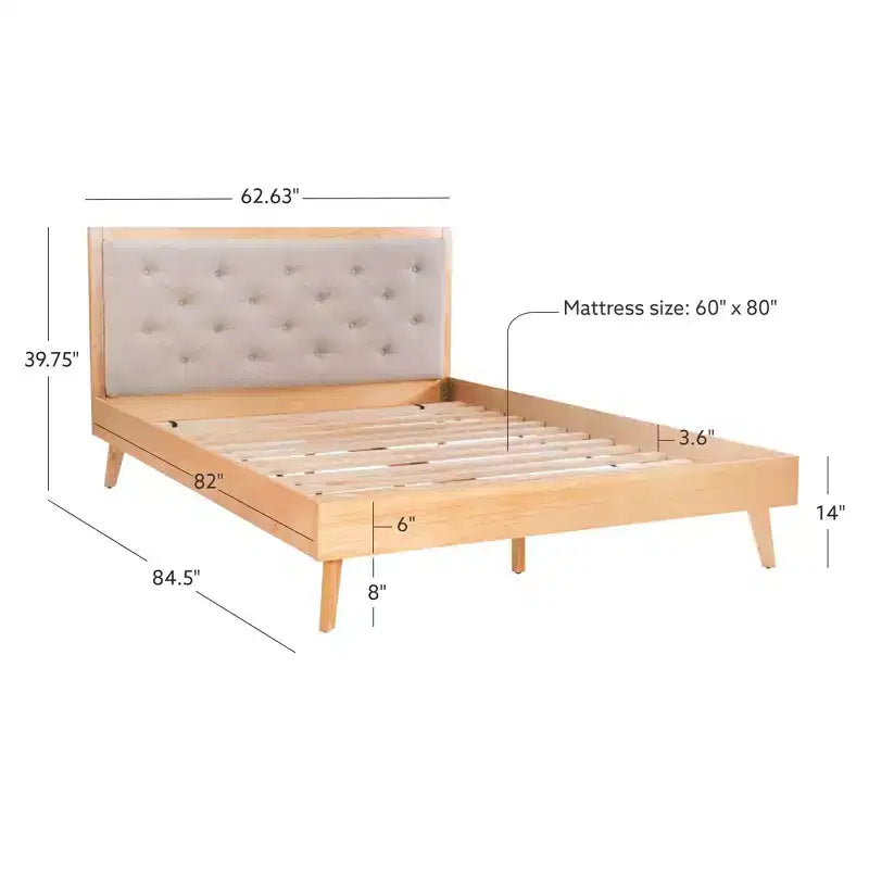 Struttura letto matrimoniale "Queen" imbottita, in legno e tessuto color farina d'avena naturale