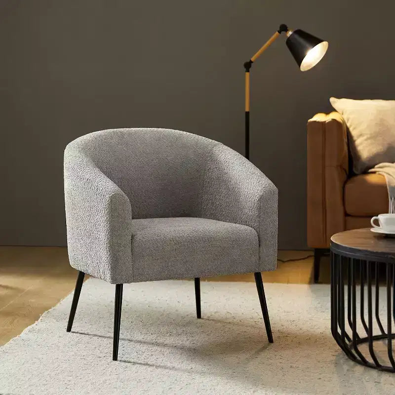 Poltrona a botte in bouclé con gambe in metallo – Nera / Marrone / Grigia / Avorio / Gialla – 1 posto
