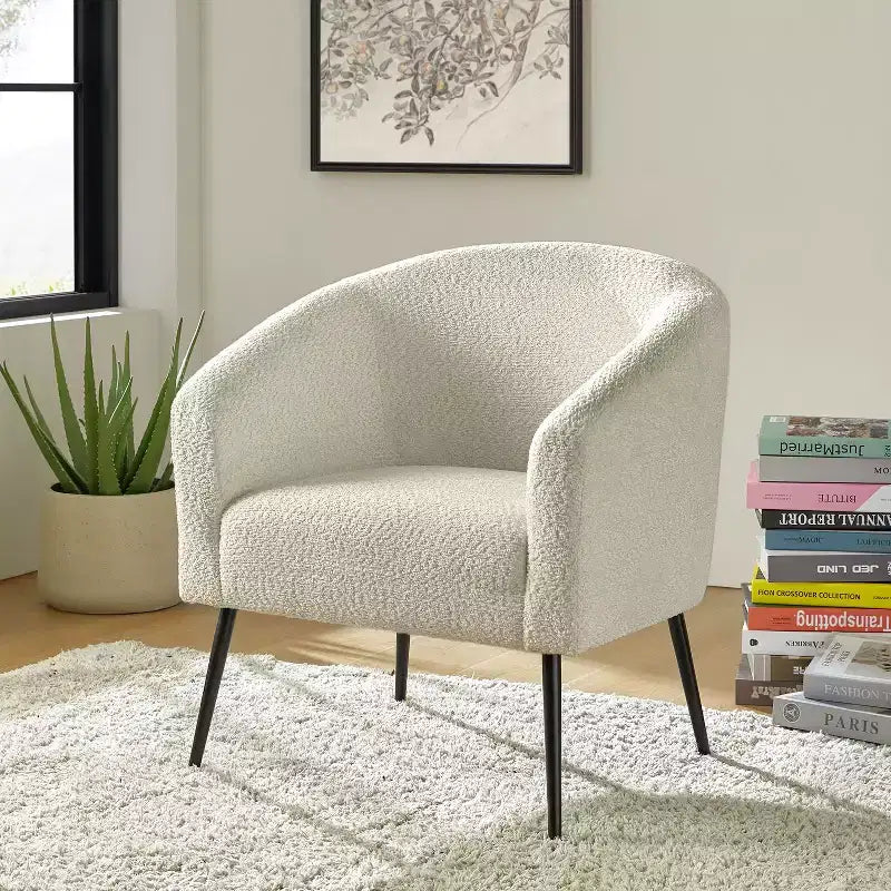 Poltrona a botte in bouclé con gambe in metallo – Nera / Marrone / Grigia / Avorio / Gialla – 1 posto