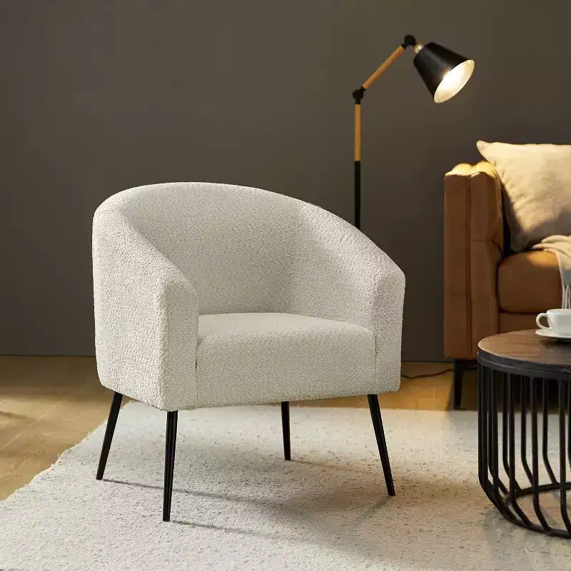 Poltrona a botte in bouclé con gambe in metallo – Nera / Marrone / Grigia / Avorio / Gialla – 1 posto