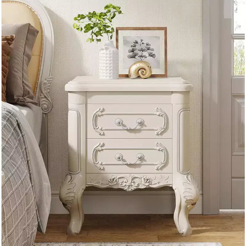 Comodino in legno bianco con motivo intagliato, 2 cassetti – 1PZ / 2PZ