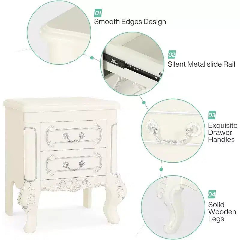 Comodino in legno bianco con motivo intagliato, 2 cassetti – 1PZ / 2PZ