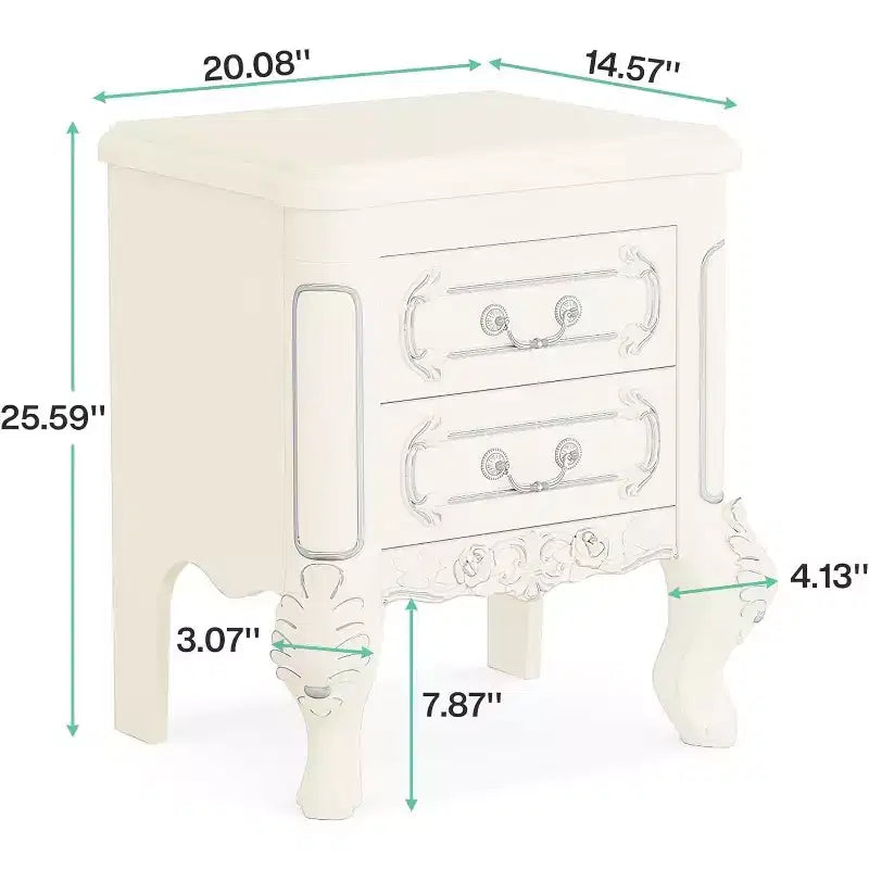 Comodino in legno bianco con motivo intagliato, 2 cassetti – 1PZ / 2PZ