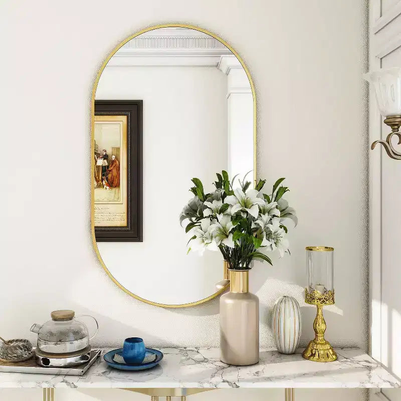 Specchio da parete ovale ad arco oro/nero, singolo, 20×36 / 22×38 pollici